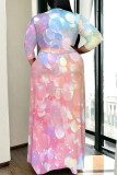 Colour Casual Street Colorblock Geometric Print Lace Up Contrast V Neck Printed Plus Size Dresses