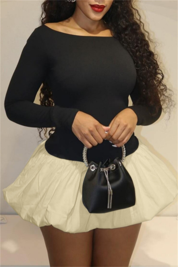 Black Casual Patchwork Contrast O Neck Long Sleeve Dresses