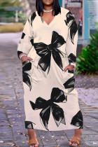 Apricot Casual Print Pocket V Neck Long Plus Size Dresses