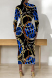 Green Casual Street Chain print Contrast O Neck Printed Dresses