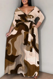 Colour Casual Street Colorblock Geometric Print Lace Up Contrast V Neck Printed Plus Size Dresses