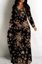 Black Casual Leopard Print Basic V Neck Long Dresses
