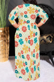 Earth Yellow Casual Floral Print Lace Up Contrast O Neck Printed Dresses