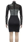 Black Sexy Solid Color Patchwork Hot Drill Zipper O Neck Wrapped Skirt Dresses
