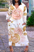 White Pink Casual Floral Print Pocket V Neck Long Plus Size Dresses