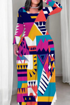 Rose Red Casual Print Patchwork O Neck Long Plus Size Dresses