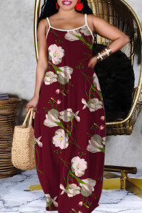 Burgundy Casual Print Backless Spaghetti Strap Long Dresses