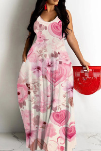 Pink Casual Floral Print Backless Spaghetti Strap Long Dresses