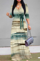 Green Casual Tie Dye Print Lace Up Contrast V Neck Printed Dresses