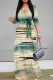 Green Casual Tie Dye Print Lace Up Contrast V Neck Printed Dresses