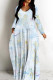Baby Blue Casual Print Basic V Neck Long Dresses