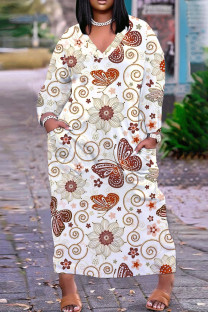 Multicolor Casual Butterfly Print Pocket V Neck Long Plus Size Dresses