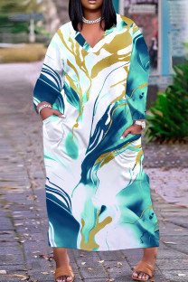 Lake Green Casual Print Pocket V Neck Long Plus Size Dresses