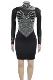 Black Sexy Solid Color Patchwork Hot Drill Zipper O Neck Wrapped Skirt Dresses