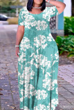 Lake Green Casual Print Basic O Neck Long Plus Size Dresses