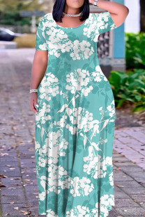 Lake Green Casual Print Basic O Neck Long Plus Size Dresses