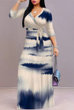 Blue Casual Tie Dye Print Lace Up Contrast V Neck Printed Dresses
