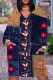 Dark Blue Casual Faux Denim Print Pocket V Neck Long Sleeve Plus Size Dresses
