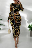 Green Casual Street Chain print Contrast O Neck Printed Dresses
