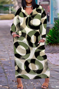 Army Green Casual Print Pocket V Neck Long Plus Size Dresses