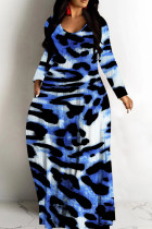 Blue Casual Leopard Print Basic V Neck Long Dresses