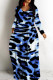 Blue Casual Leopard Print Basic V Neck Long Dresses
