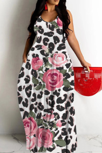 Black Pink Casual Floral Print Backless Spaghetti Strap Long Dresses