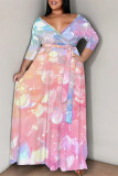 Colour Casual Street Colorblock Geometric Print Lace Up Contrast V Neck Printed Plus Size Dresses