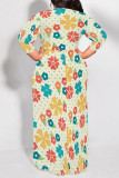 Earth Yellow Casual Floral Print Lace Up Contrast O Neck Printed Dresses