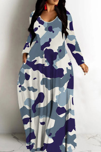 Camouflage Casual Print Basic V Neck Long Dresses