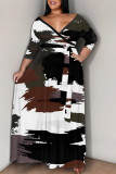 Colour Casual Street Colorblock Geometric Print Lace Up Contrast V Neck Printed Plus Size Dresses