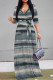 Gray Blue Casual Tie Dye Print Lace Up Contrast V Neck Printed Dresses