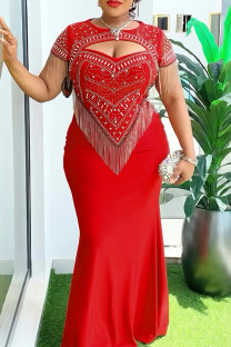 Red Elegant Solid Color Fringed Trim Hollow Out Patchwork Hot Drill Zipper O Neck Long Plus Size Dresses