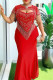 Red Elegant Solid Color Fringed Trim Hollow Out Patchwork Hot Drill Zipper O Neck Long Plus Size Dresses
