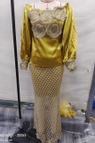 Golden Yellow Elegant Solid Color Lace Patchwork Off Shoulder Long Dresses