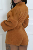 Brown Casual Solid Color Patchwork Zipper Zipper Collar Regular Rompers