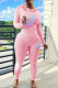 Pink Casual Print Draw String Patchwork Hooded Long Sleeve Two Pieces