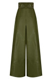 Green Daily Solid Color Pocket Patchwork Loose High Waist Wide Leg Patchwork Bottoms