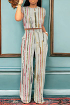 Stripe Casual Street Geometric Print Stripe Pocket Contrast O Neck Sleeveless Two Pieces