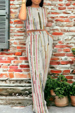 Stripe Casual Street Geometric Print Stripe Pocket Contrast O Neck Sleeveless Two Pieces