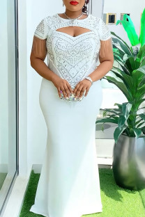 White Elegant Solid Color Fringed Trim Hollow Out Patchwork Hot Drill Zipper O Neck Long Plus Size Dresses