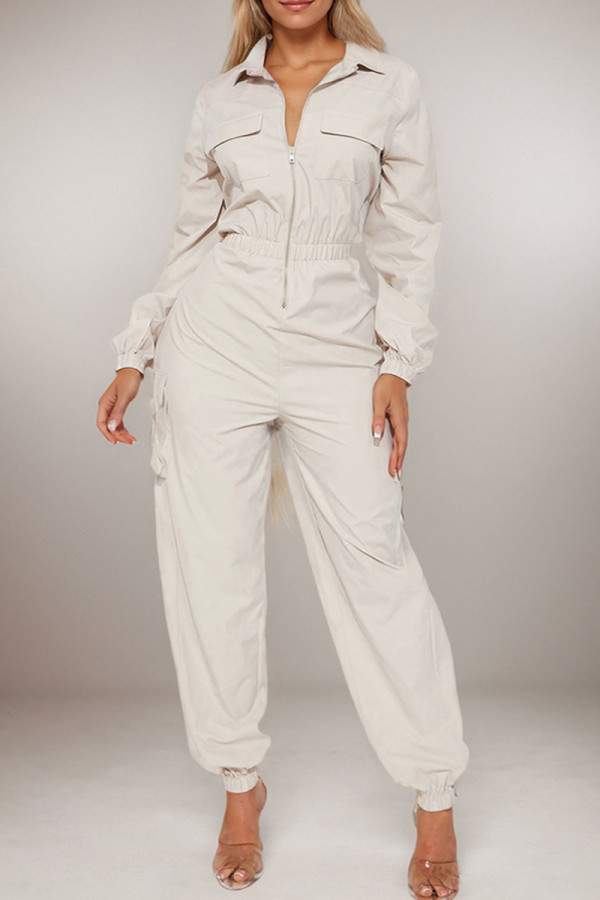 Apricot Casual Solid Color Patchwork Zipper Zipper Collar Regular Jumpsuits