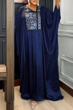 Tibetan Blue Elegant Patchwork Asymmetrical Collar Long Dresses