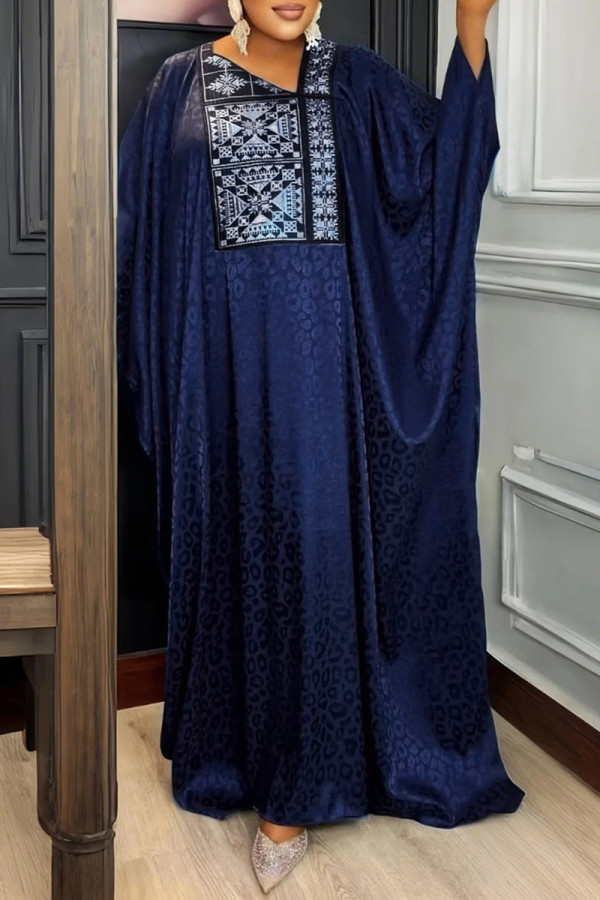 Tibetan Blue Elegant Patchwork Asymmetrical Collar Long Dresses
