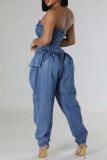 Deep Blue Casual Solid Color Pocket Patchwork Backless Strapless Loose Denim Jumpsuits
