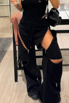 Black Casual Solid Color Patchwork Zipper Loose Mid Waist Patchwork Bottoms