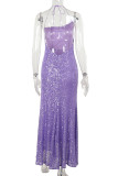 Purple Sexy Solid Color Patchwork Backless High Slit Spaghetti Strap Sling Dresses