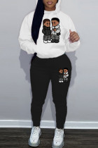 White Black Casual Print Pocket Patchwork Hooded Long Sleeve Two Pieces