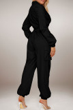 Black Casual Solid Color Patchwork Zipper Zipper Collar Regular Jumpsuits