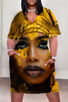 Gold Casual Street Figure Print Pocket Contrast V Neck Printed Plus Size Dresses